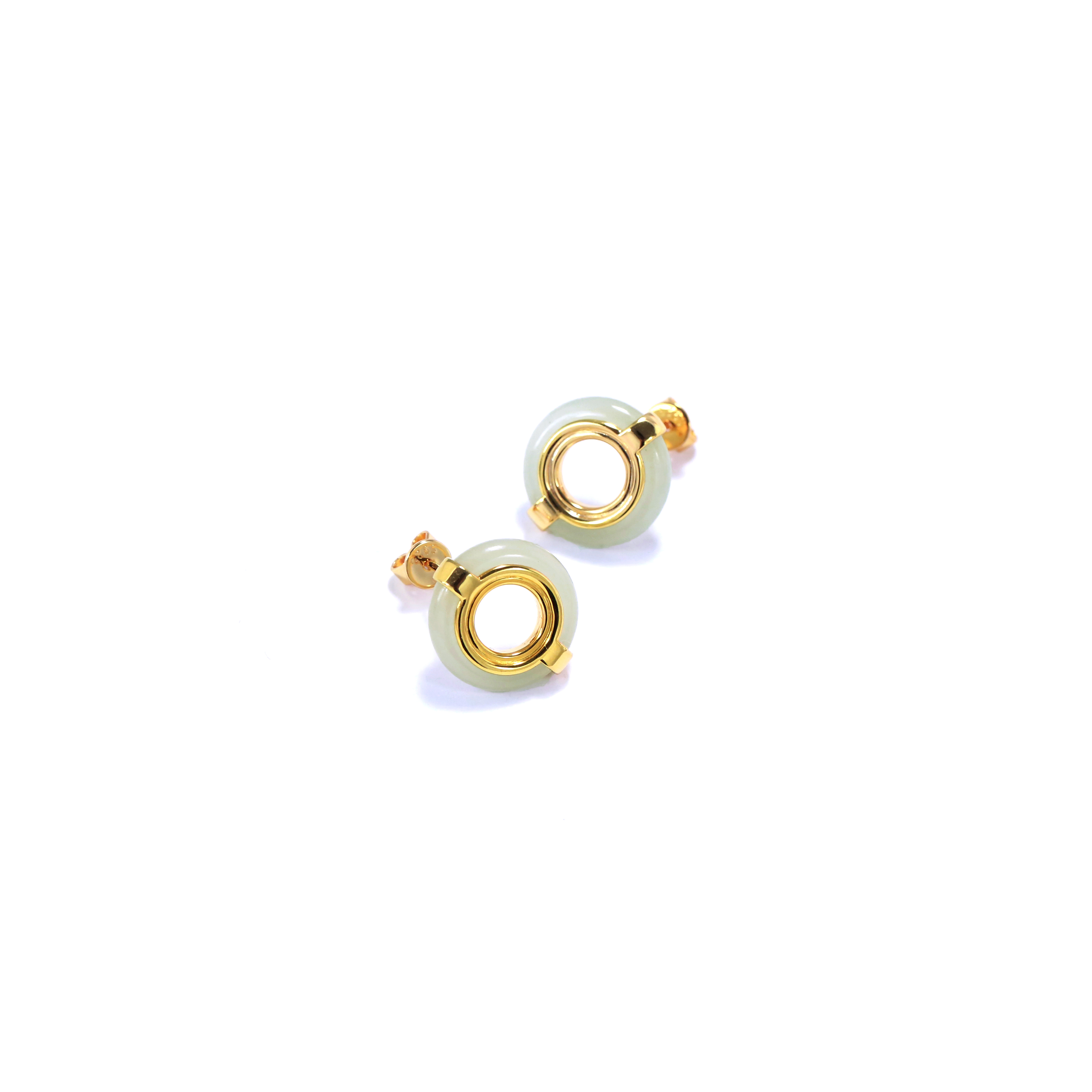 Ling Long Collection Hetian Light Greenish White Jade 925 Silver Gold-Plated Earring Stud(Nephrite）