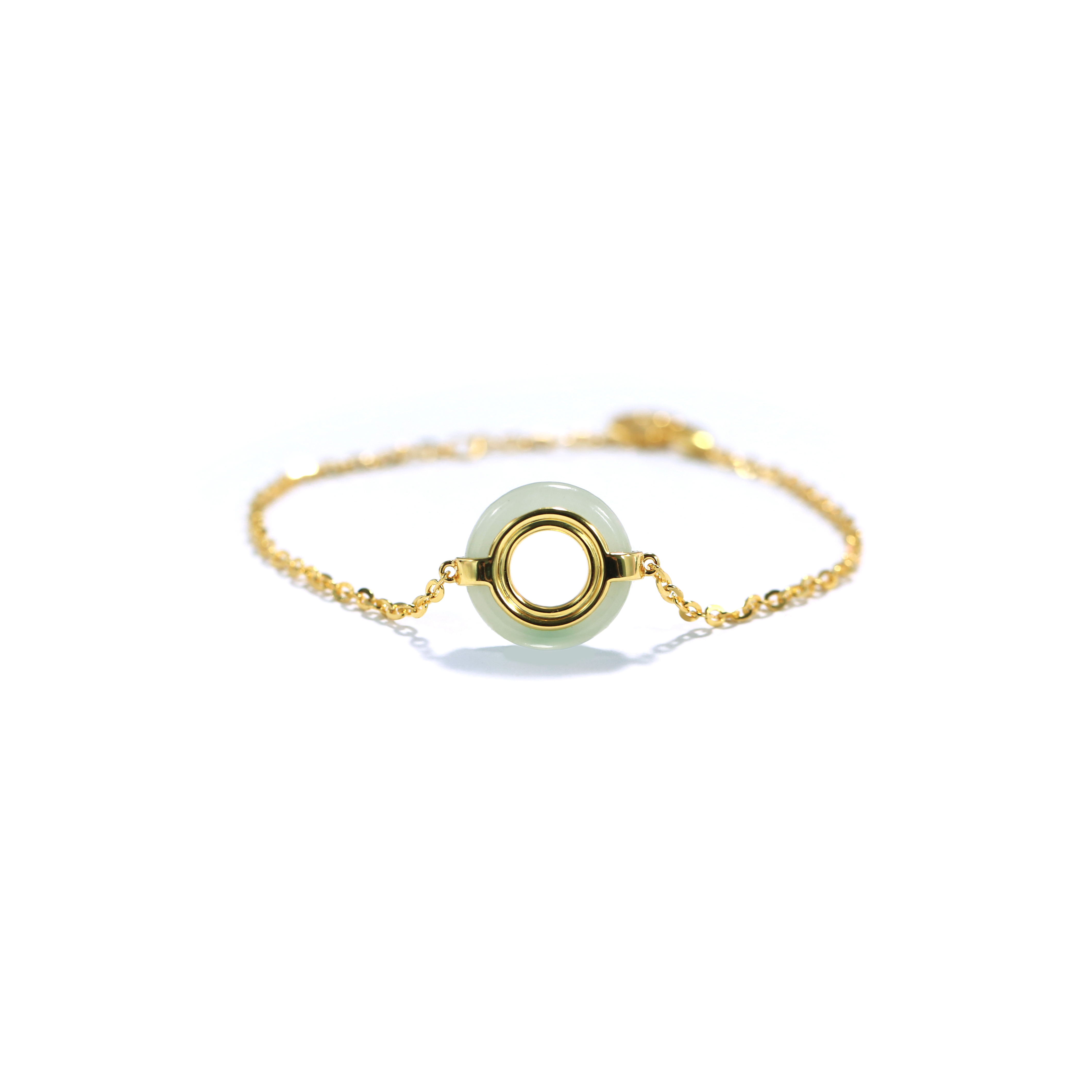 Ling Long Collection Hetian Light Greenish White Jade 925 Silver Gold-Plated Bracelet(Nephrite）