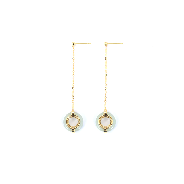 Ling Long Collection Hetian Light Greenish White Jade 925 Silver Gold-Plated Earrings(Nephrite）