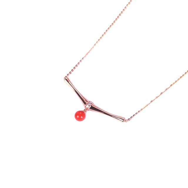 Tea Fruit Collection 925 Silver Rose Gold-Plated Swingable Cubic Zirconia & South Red Agate Bamboo Joint Necklace