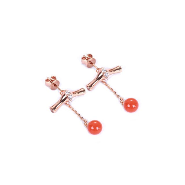 Tea Fruit Collection 925 Silver Rose Gold-Plated Swingable Cubic Zirconia & South Red Agate Bamboo Joint Earrings